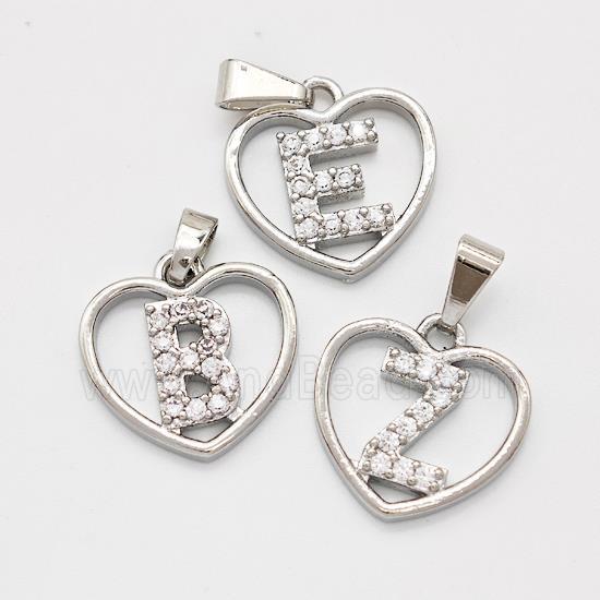 Copper Heart Alphabet Pendant Pave Zirconia Mixed Letters Platinum Plated