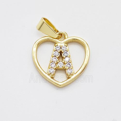 Copper Heart Pendant Pave Zirconia Letter-A Gold Plated