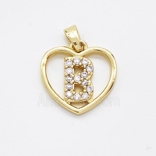 Copper Heart Pendant Pave Zirconia Letter-B Gold Plated