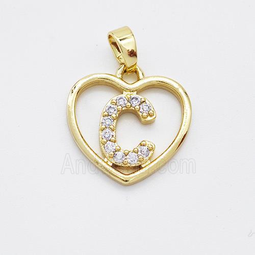 Copper Heart Pendant Pave Zirconia Letter-C Gold Plated