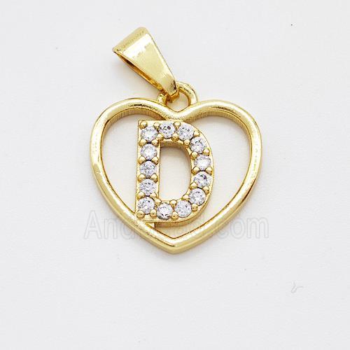 Copper Heart Pendant Pave Zirconia Letter-D Gold Plated