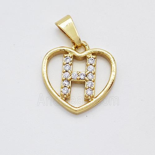 Copper Heart Pendant Pave Zirconia Letter-H Gold Plated