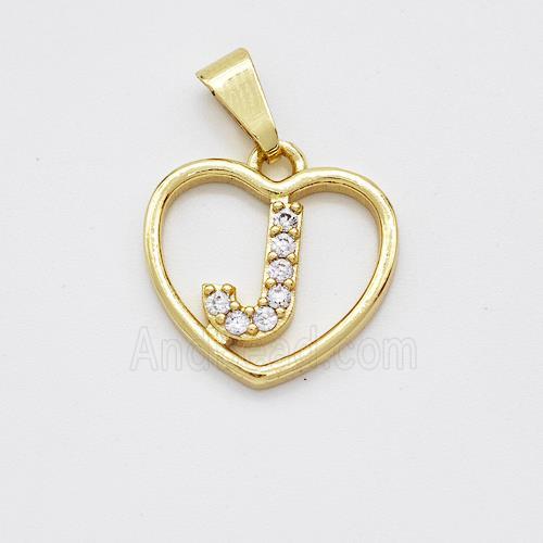 Copper Heart Pendant Pave Zirconia Letter-J Gold Plated