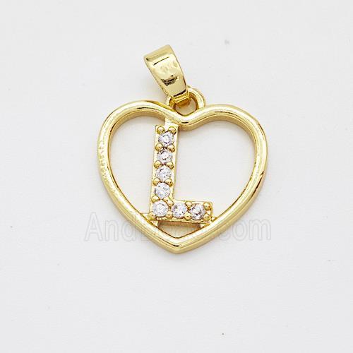 Copper Heart Pendant Pave Zirconia Letter-L Gold Plated