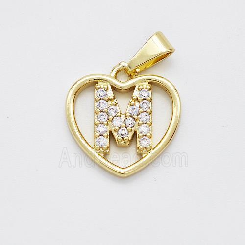 Copper Heart Pendant Pave Zirconia Letter-M Gold Plated