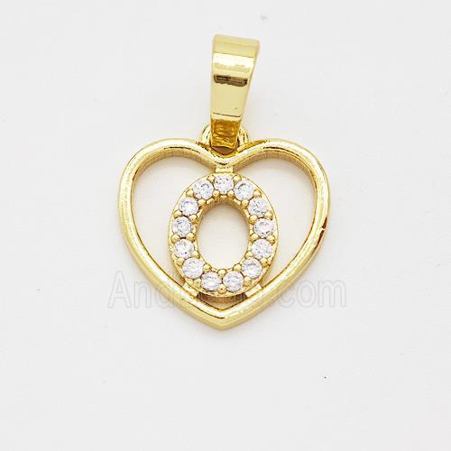 Copper Heart Pendant Pave Zirconia Letter-O Gold Plated