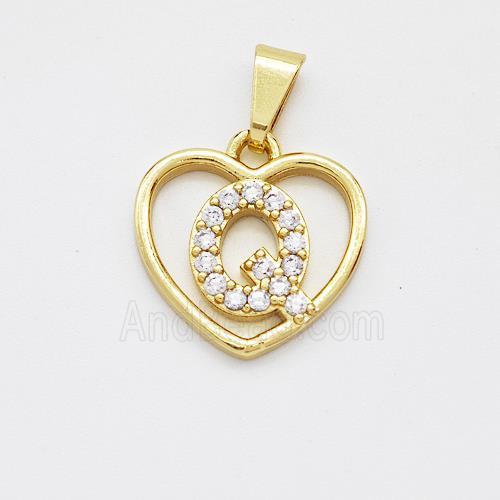 Copper Heart Pendant Pave Zirconia Letter-Q Gold Plated