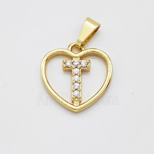 Copper Heart Pendant Pave Zirconia Letter-T Gold Plated