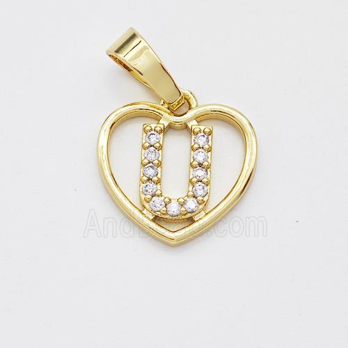 Copper Heart Pendant Pave Zirconia Letter-U Gold Plated