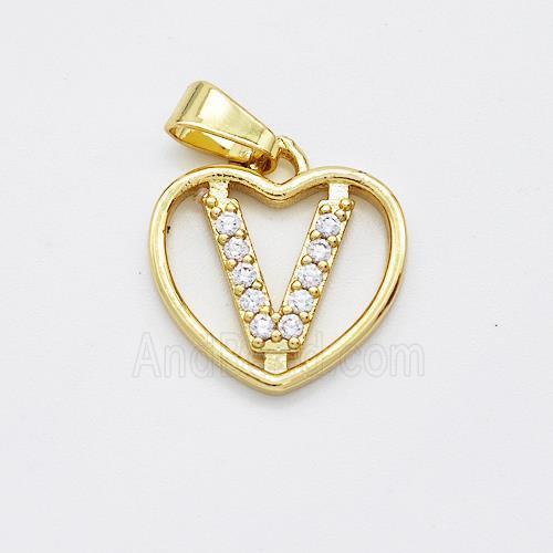 Copper Heart Pendant Pave Zirconia Letter-V Gold Plated
