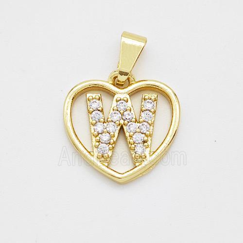 Copper Heart Pendant Pave Zirconia Letter-W Gold Plated