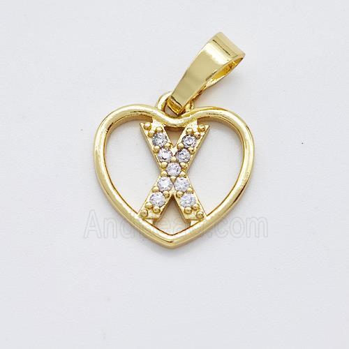 Copper Heart Pendant Pave Zirconia Letter-X Gold Plated