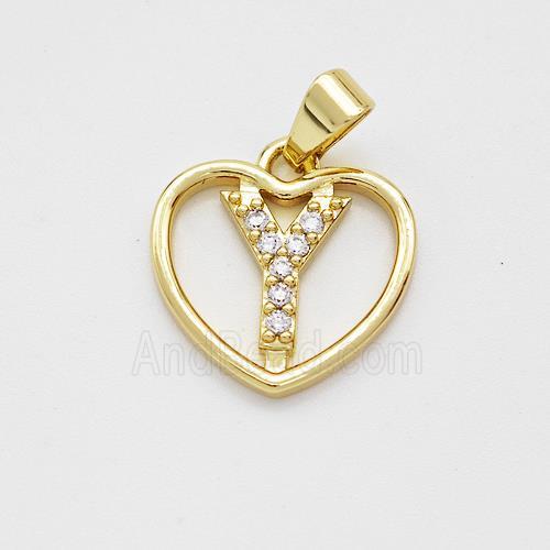 Copper Heart Pendant Pave Zirconia Letter-Y Gold Plated