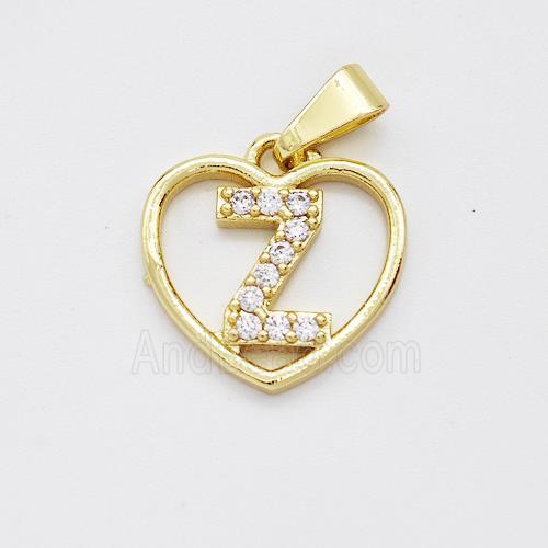 Copper Heart Pendant Pave Zirconia Letter-Z Gold Plated