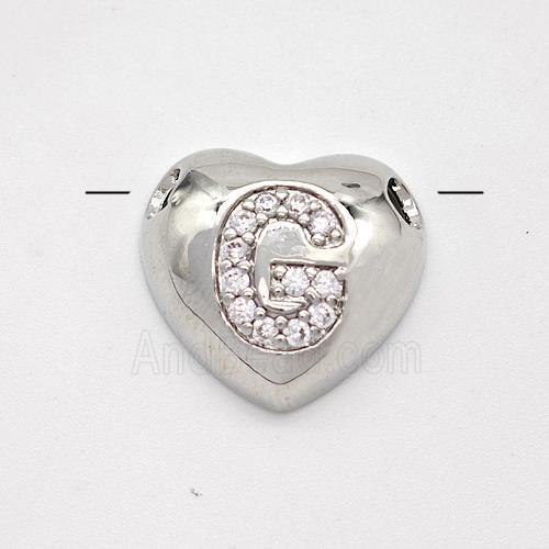 Copper Heart Pendant Pave Zirconia Letter-G Large Hole Platinum Plated