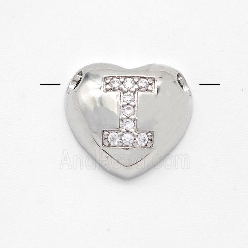 Copper Heart Pendant Pave Zirconia Letter-I Large Hole Platinum Plated
