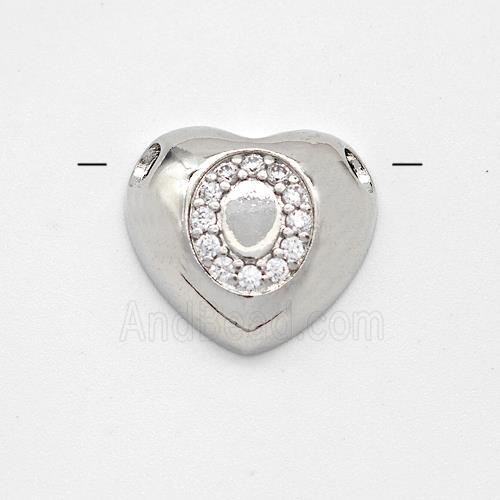 Copper Heart Pendant Pave Zirconia Letter-O Large Hole Platinum Plated