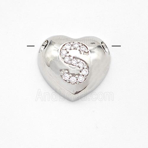 Copper Heart Pendant Pave Zirconia Letter-S Large Hole Platinum Plated