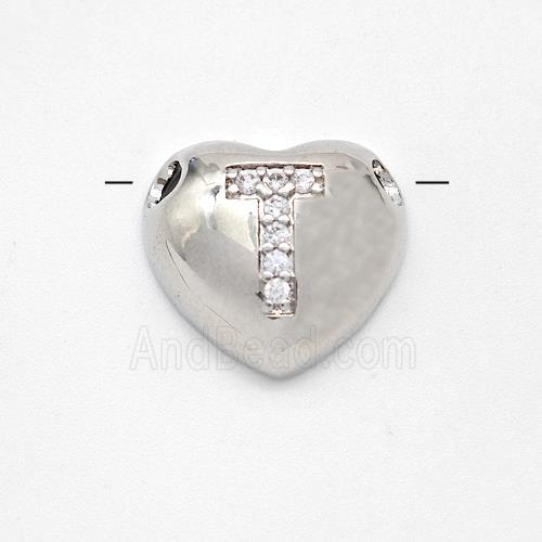 Copper Heart Pendant Pave Zirconia Letter-T Large Hole Platinum Plated
