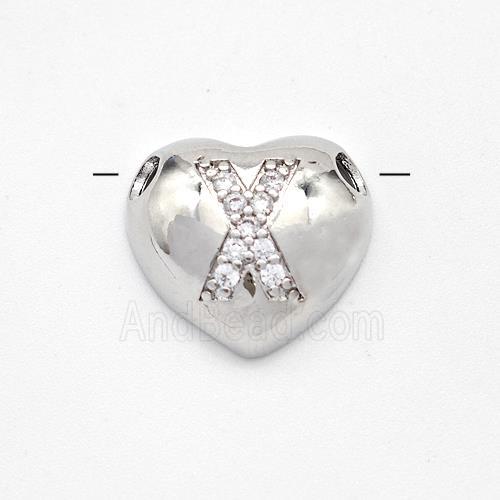Copper Heart Pendant Pave Zirconia Letter-X Large Hole Platinum Plated