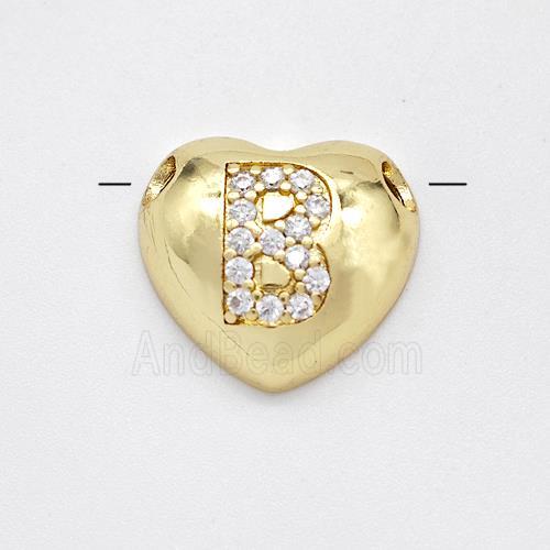 Copper Heart Pendant Pave Zirconia Letter-B Large Hole Gold Plated