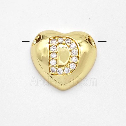 Copper Heart Pendant Pave Zirconia Letter-D Large Hole Gold Plated