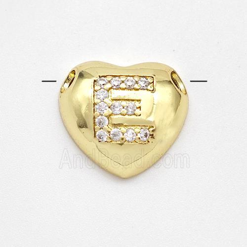 Copper Heart Pendant Pave Zirconia Letter-E Large Hole Gold Plated