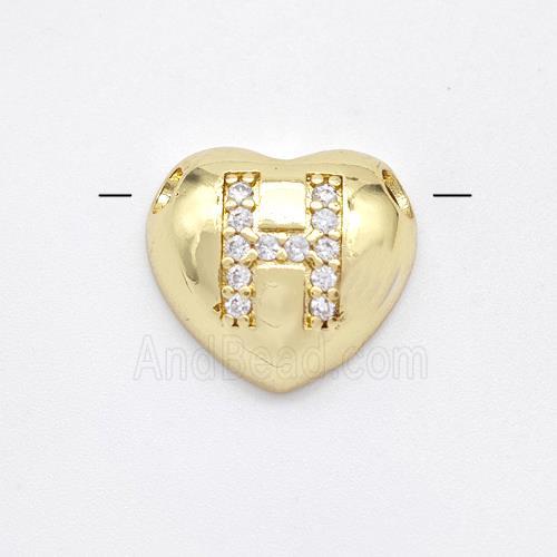 Copper Heart Pendant Pave Zirconia Letter-H Large Hole Gold Plated
