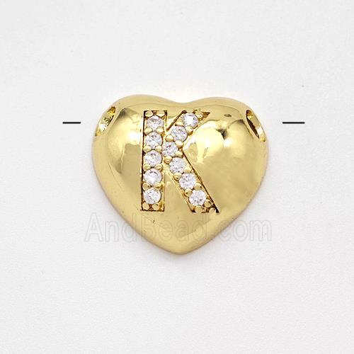 Copper Heart Pendant Pave Zirconia Letter-K Large Hole Gold Plated