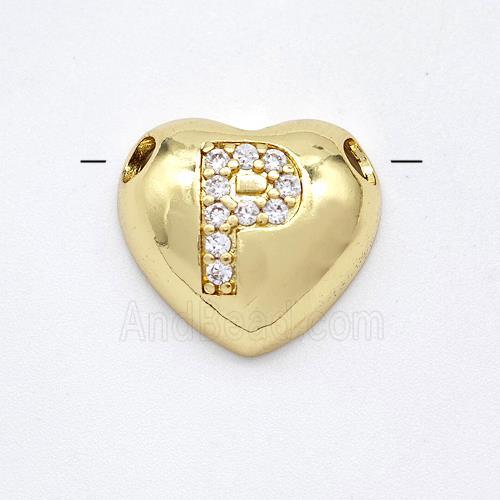 Copper Heart Pendant Pave Zirconia Letter-P Large Hole Gold Plated
