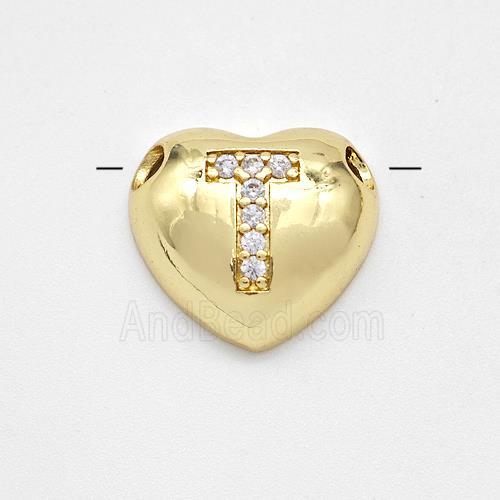 Copper Heart Pendant Pave Zirconia Letter-T Large Hole Gold Plated