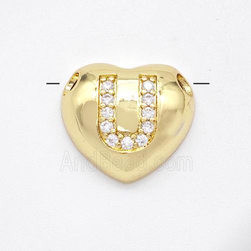 Copper Heart Pendant Pave Zirconia Letter-U Large Hole Gold Plated