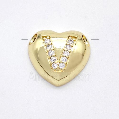 Copper Heart Pendant Pave Zirconia Letter-V Large Hole Gold Plated