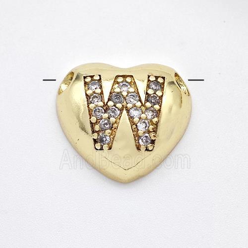 Copper Heart Pendant Pave Zirconia Letter-W Large Hole Gold Plated