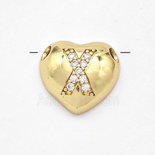 Copper Heart Pendant Pave Zirconia Letter-X Large Hole Gold Plated