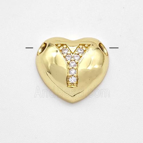 Copper Heart Pendant Pave Zirconia Letter-Y Large Hole Gold Plated