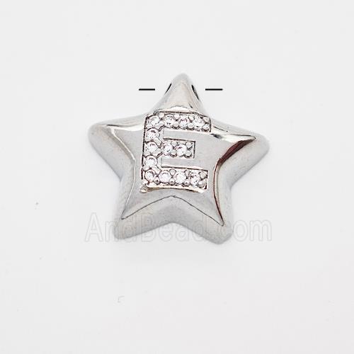 Copper Star Pendant Pave Zirconia Letter-E Large Hole Platinum Plated