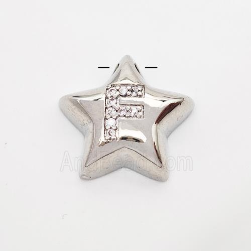 Copper Star Pendant Pave Zirconia Letter-F Large Hole Platinum Plated