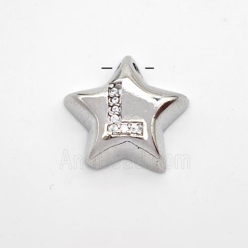 Copper Star Pendant Pave Zirconia Letter-L Large Hole Platinum Plated