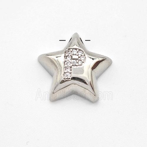 Copper Star Pendant Pave Zirconia Letter-P Large Hole Platinum Plated