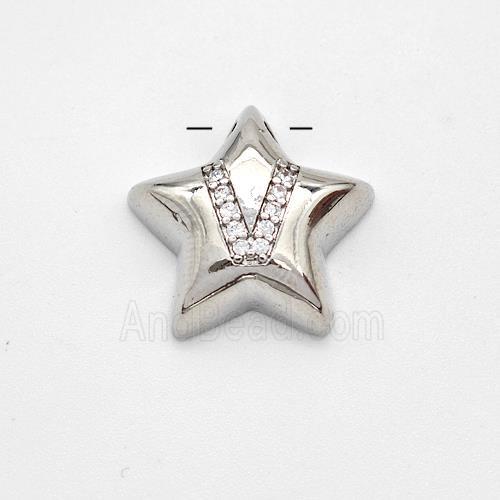 Copper Star Pendant Pave Zirconia Letter-V Large Hole Platinum Plated