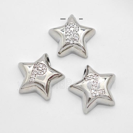 Copper Star Alphabet Pendant Pave Zirconia Mixed Letters Large Hole Platinum Plated