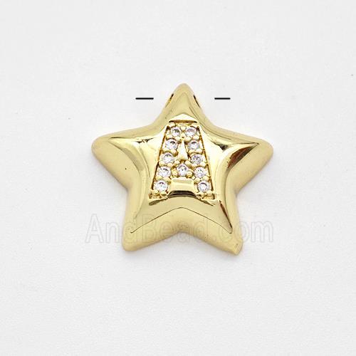 Copper Star Pendant Pave Zirconia Letter-A Large Hole Gold Plated