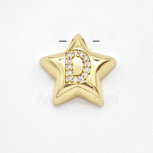 Copper Star Pendant Pave Zirconia Letter-D Large Hole Gold Plated