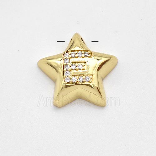 Copper Star Pendant Pave Zirconia Letter-E Large Hole Gold Plated