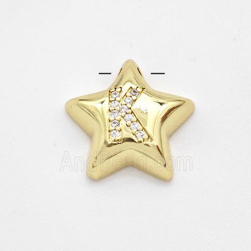 Copper Star Pendant Pave Zirconia Letter-K Large Hole Gold Plated