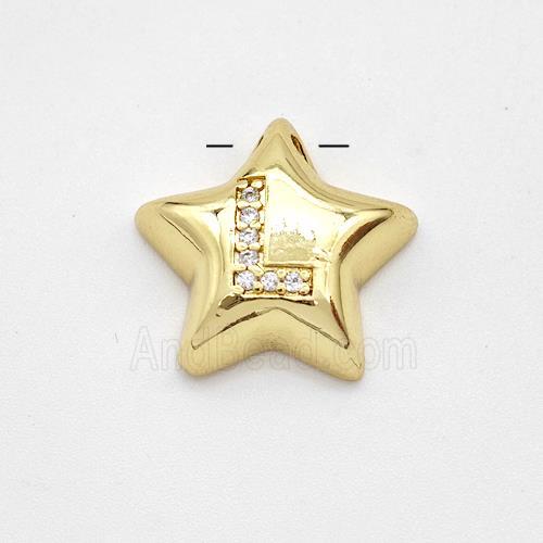 Copper Star Pendant Pave Zirconia Letter-L Large Hole Gold Plated