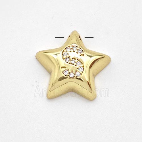 Copper Star Pendant Pave Zirconia Letter-S Large Hole Gold Plated