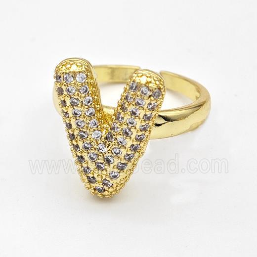 Copper Ring Pave Zirconia Letter-V Gold Plated