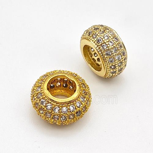 Copper Rondelle Beads Micro Pave Zirconia Large Hole Gold Plated
